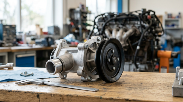 Bomba de agua nueva para motor de auto sobre superficie de taller